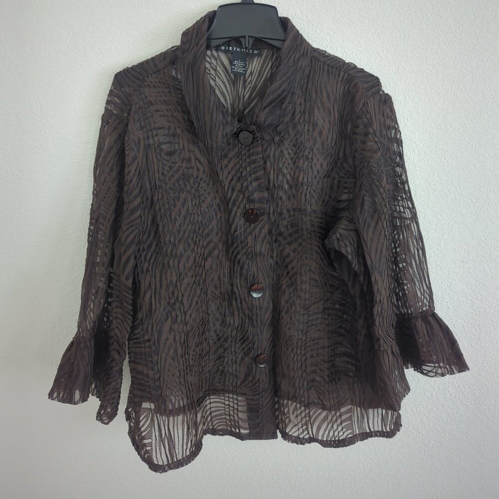 Citiknits Pleated Blouse Semi Sheer Long Sleeve Button Front Brown Large